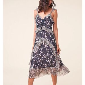 MAX STUDIO LONDON Boho Navy Floral Lace Ruffle‎ Mini Dress size Small